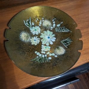 SASCHA BRASTOFF NOTCHED COPPER METAL ENAMELED DISPLAY PLATTER WITH FLOWERS
